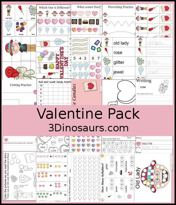 Valentines Pack Printables - with 120 pages a mix of hands on and no-prep printables for valentines for PreK and Kindergarten with writing that works for first grade. You have puzzles, writing, vocab, patterns and more. 3Dinosaurs.com