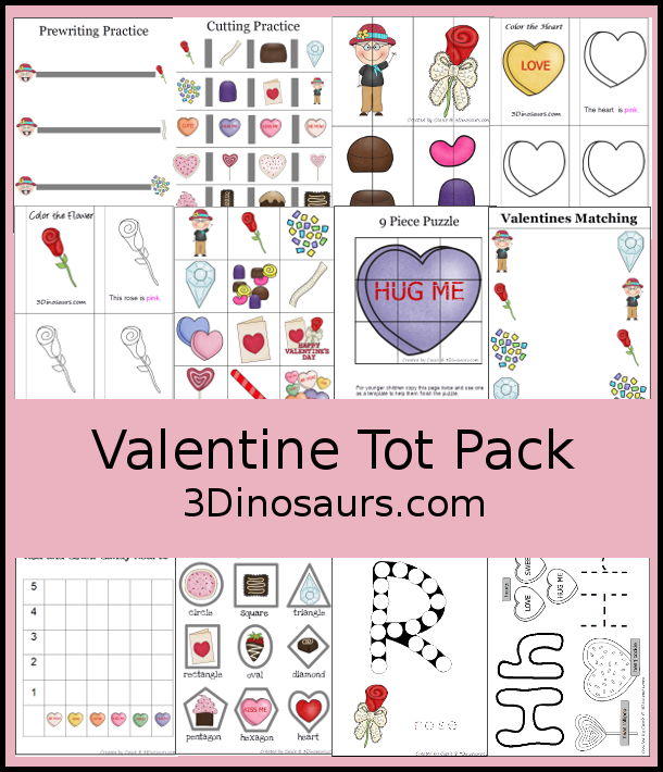 Valentines Tot Pack Printables - a 40 page pack with a mix of activities with hands-on and no-prep printables with matching, puzzles, cutting, small books and more. 3 Dinosaurs.com
