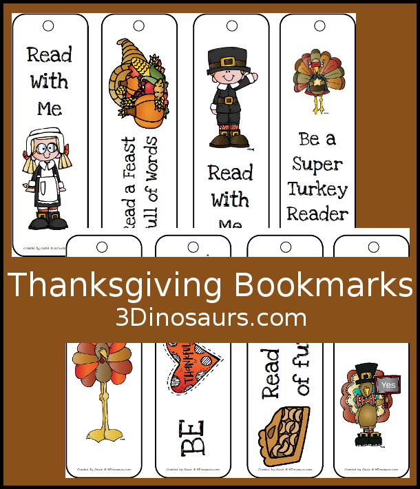 Free Thanksgiving Themed Bookmarks for kids - 3Dinosaurs.com