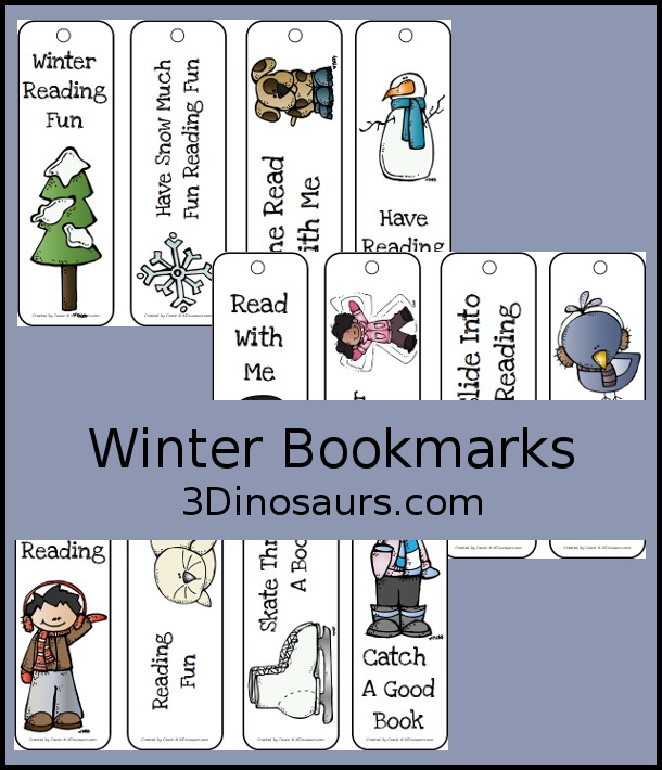 FREE Winter Themed Bookmarks - You have 12 bookmarks to use with kids. Each bookmark has a fun reading phrase on the bookmark. There are snow angels, kids, snowbirds, snowman, snowflakes, winter tree, seal, and skates on the winter bookmarks - 3Dinosaurs.com