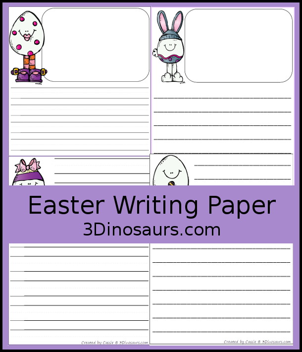 Free Easter Writing Pages  has two types of prewriting lines with guidelines and single line paper options. There is with drawing window and without drawing window.  3Dinosaurs.com