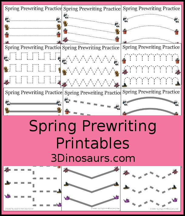 Free Spring Prewriting Printable - 28 prewriting pages with different types of lines. You have a thin dashed line and a thick line for working on prewriting for kids in preschool to kindergarten - 3Dinosaurs.com