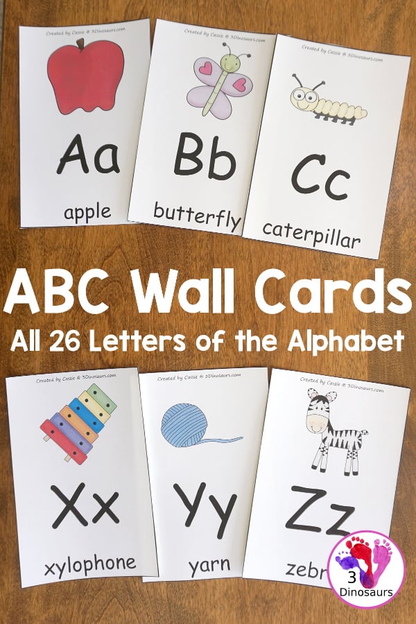 Free ABC Wall Cards - these are great to use with PreK and Kindergarten kids with all 26 letters - 3Dinosaurs.com