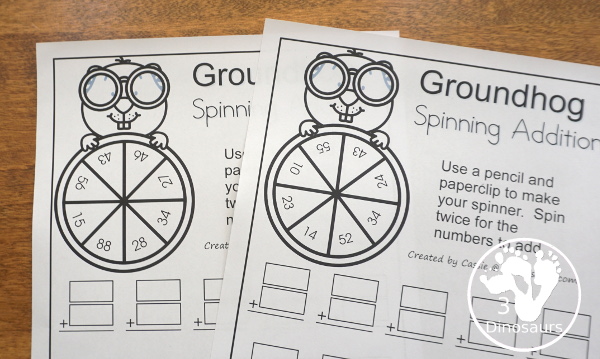 Free Groundhog Spinning Addition - Easy No-Prep Printable - 3 levels of math with single, double and triple numbers  - 3Dinosaurs.com