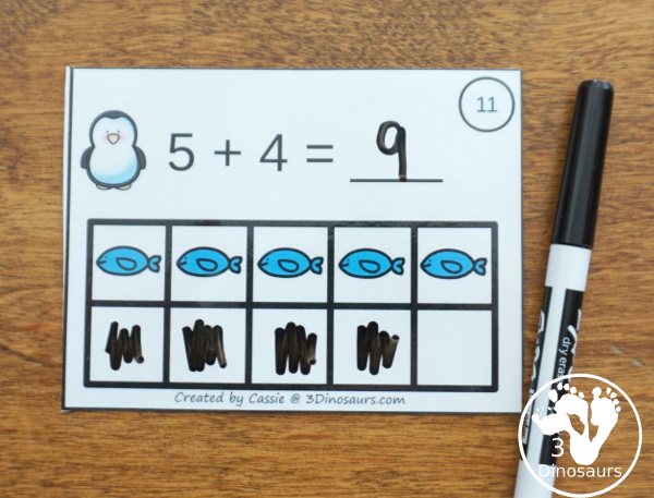 Free Penguin Addition Ten Frame Cards - 2 sets of cards with matching recording sheet. These are great for individual practice or a math center  - 3Dinosaurs.com
