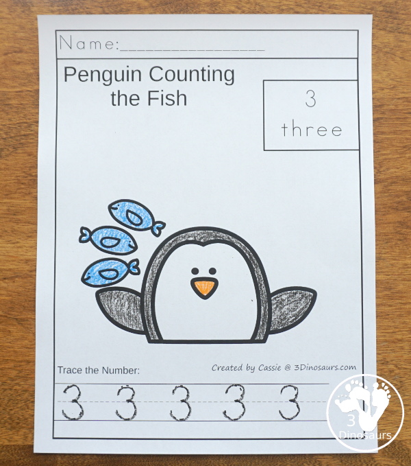 Penguin Activities Pack for Prewriting, Shapes, ABCs, and Numbers - full page nubmer tracing with counting fish and tracing each number - 3Dinosaurs.com