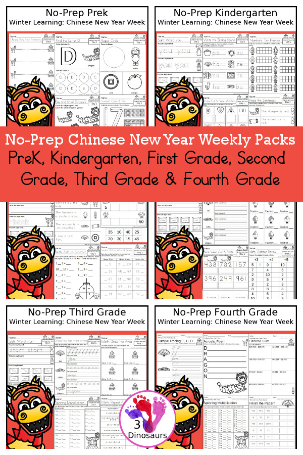 Chinese New Year No-Prep Weekly Packs PreK, Kindergarten, First Grade, Second Grade, Third Grade & Fourth Grade with 5 days of activities to do for each grade level With loads of general Chinese New year Themes - You will find a mix of math, language, and more - These are easy to use packs for winter learning, homework, early finisher, and morning work. Easy no-prep printables for kids with four pages for each day - 3Dinosaurs.com