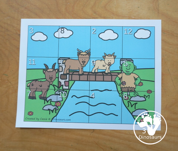 Free Three Billy Goats Gruff Themed Addition Puzzle - with addition from 1 to 12 with a hands-on matching puzzles with the Billy Goats, the bridge and the troll. - 3Dinosaurs.com