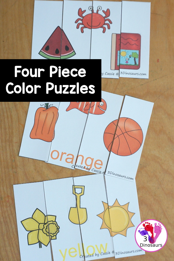 Free Color Four Piece Puzzle Printables - with three pictures of each color on each puzzle and the color word. A great matching activity for color that is great for prek and kindergarten. - 3Dinosaurs.com