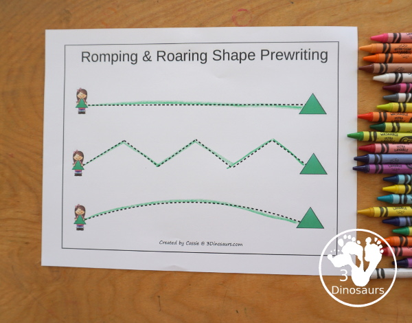 Free Romping & Roaring Triangle Pack - 10 pages of activities - prewriting, coloring, dot markers and more all focusing on a triangle shape for kids. - 3Dinosaurs.com