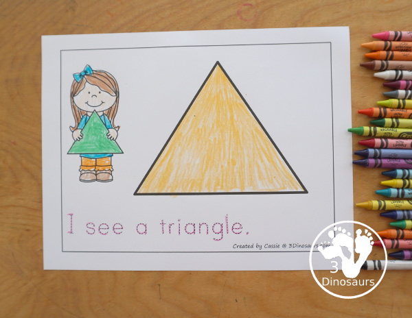 Free Romping & Roaring Triangle Pack - 10 pages of activities - prewriting, coloring, dot markers and more all focusing on a triangle shape for kids. - 3Dinosaurs.com