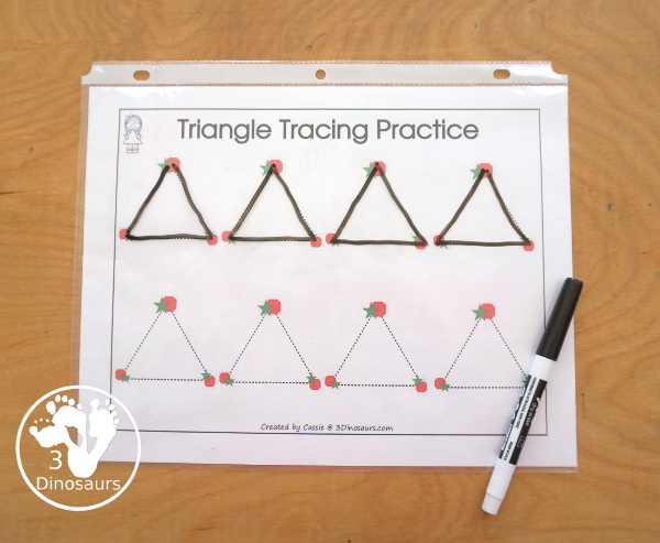 Free Romping & Roaring Triangle Pack - 10 pages of activities - prewriting, coloring, dot markers and more all focusing on a triangle shape for kids. - 3Dinosaurs.com