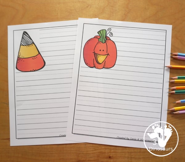 Fun Free Halloween Writing Paper Printables - 10 Halloween pictures and single line and guideline options to pick from. A great way to work on writing for October. 3Dinosaurs.com