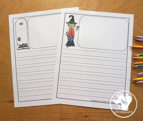 Fun Free Halloween Writing Paper Printables - 10 Halloween pictures and single line and guideline options to pick from. A great way to work on writing for October. 3Dinosaurs.com