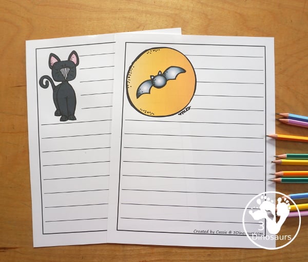 Fun Free Halloween Writing Paper Printables - 10 Halloween pictures and single line and guideline options to pick from. A great way to work on writing for October. 3Dinosaurs.com