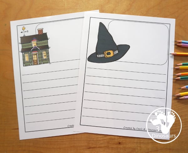 Fun Free Halloween Writing Paper Printables - 10 Halloween pictures and single line and guideline options to pick from. A great way to work on writing for October. 3Dinosaurs.com