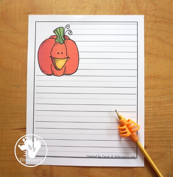 Fun Free Halloween Writing Paper Printables - 10 Halloween pictures and single line and guideline options to pick from. A great way to work on writing for October. 3Dinosaurs.com