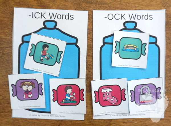 Hands-On Fun With Candy CVCC -CK Word Sorting - 15 cards and 5 sorting mats with matching worksheet - 3Dinosaurs.com #freeprintable #cvcc #endingblends #learningtoread