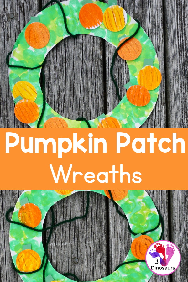 Pumpkin Patch Wreath Craft for kids - easy to make and great for the fall pumpkin wreath. You can use paper, paper plate and glue to make this fall craft - 3Dinosaurs.com