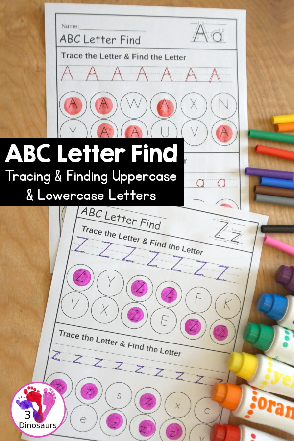 ABC Letter Find With Tracing and Finding Uppercase & Lowercase Letters - you have a section to trace and find the uppercase letter and then a section to trace and find the lowercase letter. All 26 letters of the alphabet - 3Dinosaurs.com