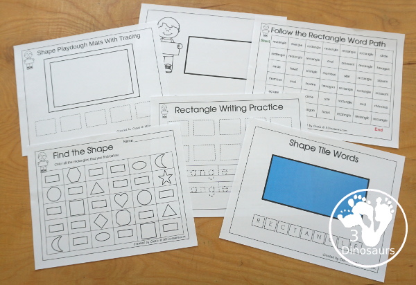 Romping & Roaring Rectangle Pack - a 40 page shape pack for kids to use to learn their shape with tracing, coloring, dot markers and more. A fun mix of activities for kids in preschool, prek, and kindergarten. - 3Dinosaurs.com