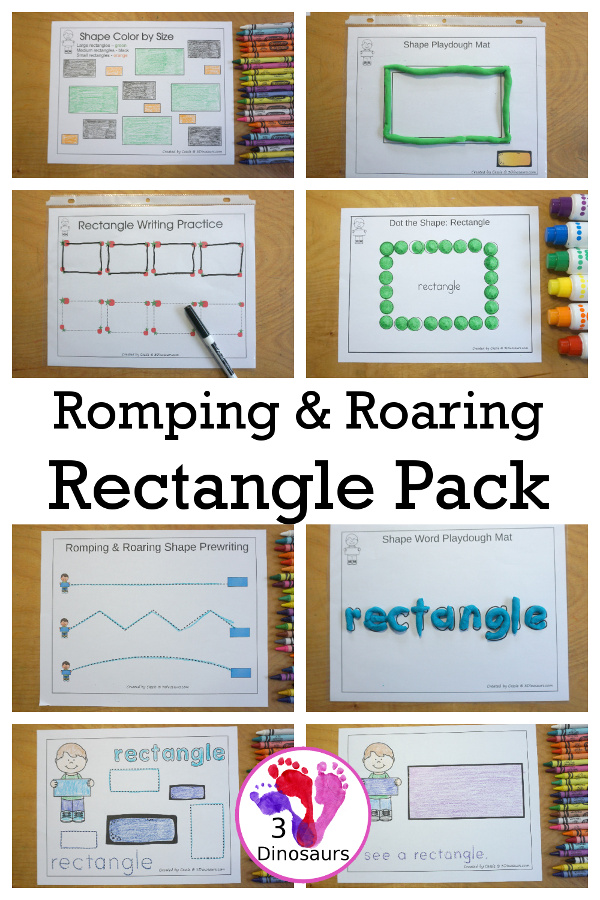 Free Romping & Roaring Rectangle Pack - a free 10 page shape pack for kids to use to learn their shape with tracing, coloring, dot markers and more. - 3Dinosaurs.com