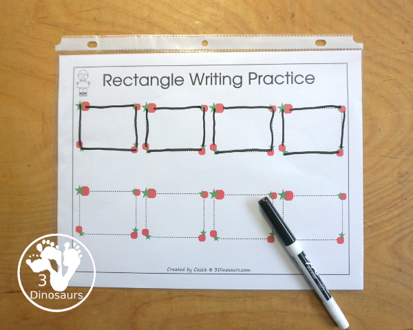 Free Romping & Roaring Rectangle Pack - a free 10 page shape pack for kids to use to learn their shape with tracing, coloring, dot markers and more. - 3Dinosaurs.com