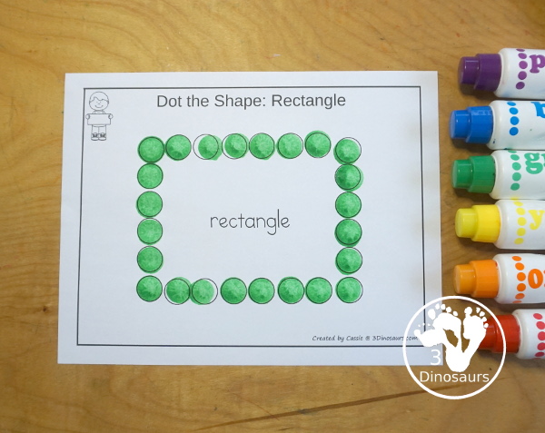 Free Romping & Roaring Rectangle Pack - a free 10 page shape pack for kids to use to learn their shape with tracing, coloring, dot markers and more. - 3Dinosaurs.com
