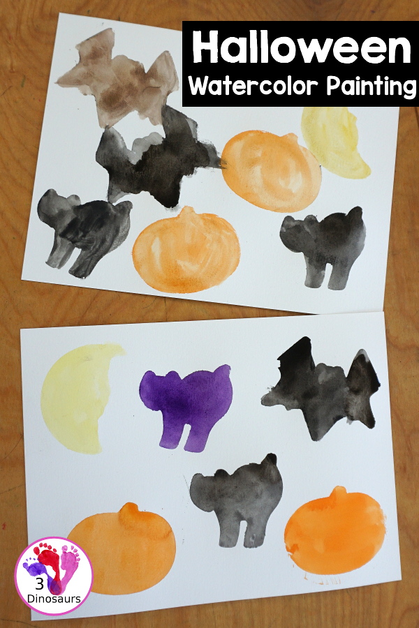  Halloween Watercolor Cookie Cutter Painting - a simple Halloween painting with watercolors and cookie cutters. An easy Halloween painting for kids. 3Dinosaurs.com
