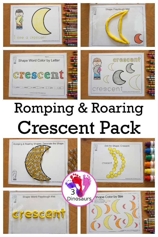 Free Romping & Roaring Crescent Pack - 10 pages of crescent activities for kids with a mix of coloring, tracing, dotting shapes and more - 3Dinosaurs.com