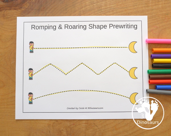 Free Romping & Roaring Crescent Pack - 10 pages of crescent activities for kids with a mix of coloring, tracing, dotting shapes and more - 3Dinosaurs.com