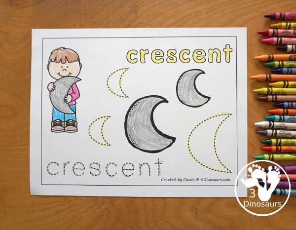 Free Romping & Roaring Crescent Pack - 10 pages of crescent activities for kids with a mix of coloring, tracing, dotting shapes and more - 3Dinosaurs.com
