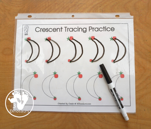 Free Romping & Roaring Crescent Pack - 10 pages of crescent activities for kids with a mix of coloring, tracing, dotting shapes and more - 3Dinosaurs.com