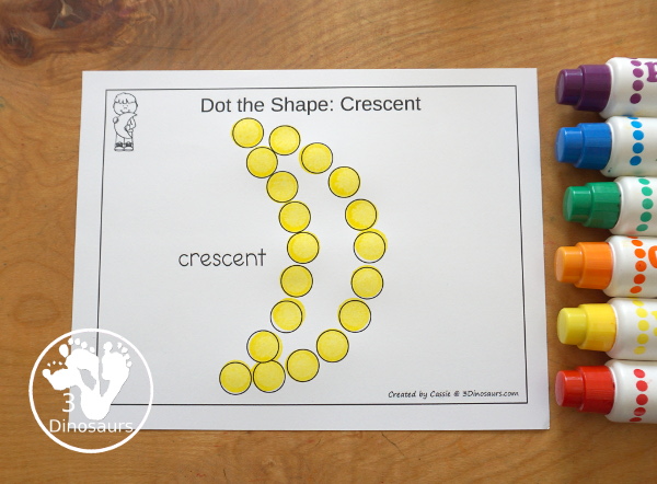 Free Romping & Roaring Crescent Pack - 10 pages of crescent activities for kids with a mix of coloring, tracing, dotting shapes and more - 3Dinosaurs.com