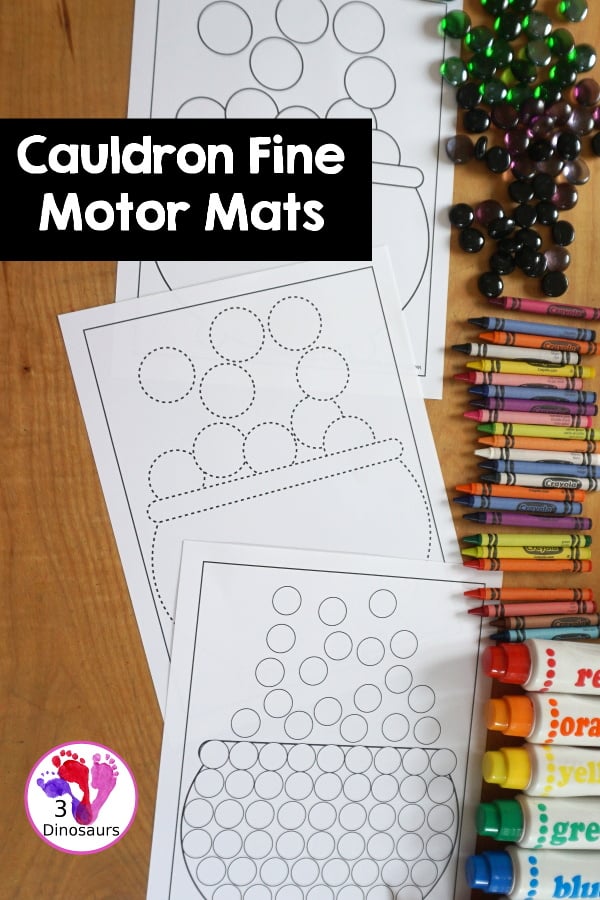Free Cauldron Fine Motor Mat Printables - a fun Halloween Fine Motor mats with a dot marker cauldron, a tracing cauldron, and cauldron templates. A fun way to work on fine motor for Halloween. 3Dinosaurs.com