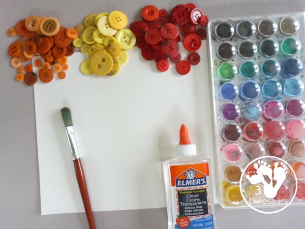 Fall Tree Button Craft a fun fall craft for kids with a watercolor tree and buttons for the red, yellow, and orange leaves. A fun prek and kindergarten craft- 3Dinosaurs.com