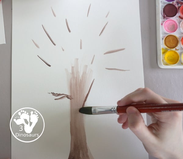 Fall Tree Button Craft a fun fall craft for kids with a watercolor tree and buttons for the red, yellow, and orange leaves. A fun prek and kindergarten craft- 3Dinosaurs.com