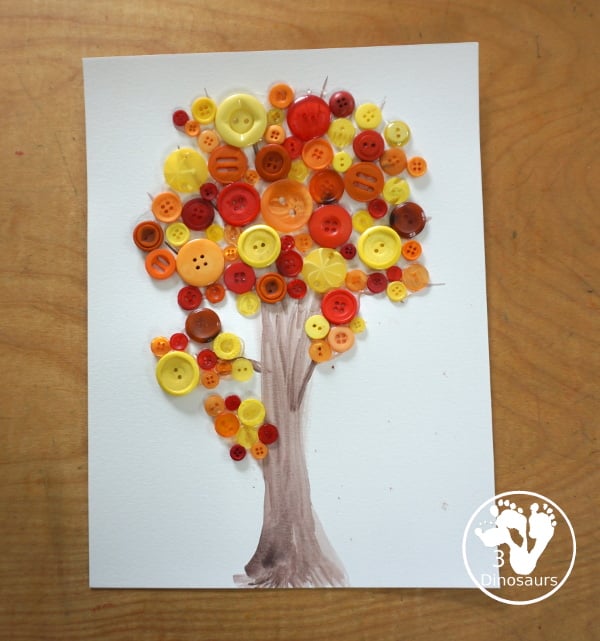 Fall Tree Button Craft a fun fall craft for kids with a watercolor tree and buttons for the red, yellow, and orange leaves. A fun prek and kindergarten craft- 3Dinosaurs.com