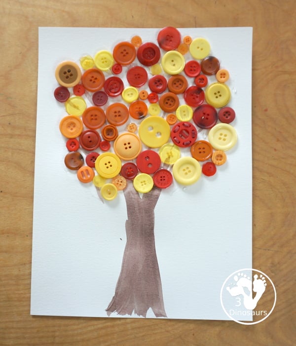 Fall Tree Button Craft a fun fall craft for kids with a watercolor tree and buttons for the red, yellow, and orange leaves. A fun prek and kindergarten craft- 3Dinosaurs.com
