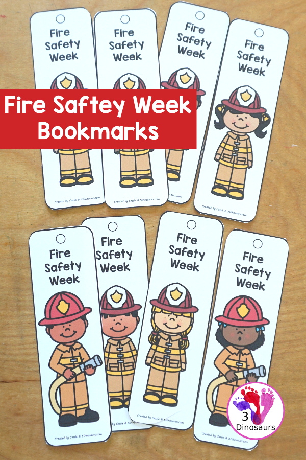 Free Fire Safety Week Bookmarks - 8 fun bookmarks to use for Fire Safety Week with kids. A fun collection of boy and girl firefighters on the bookmarks. 3Dinosaurs.com