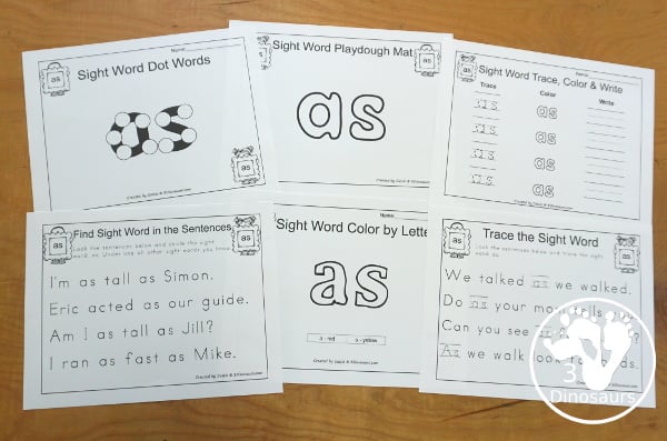 Free Romping & Roaring First Grade Sight Words: As, Ask, By, Could - you have 6 pages for each sight word that work on learning the sight word in different ways with reading, writing, and finding. 3Dinosaurs.com