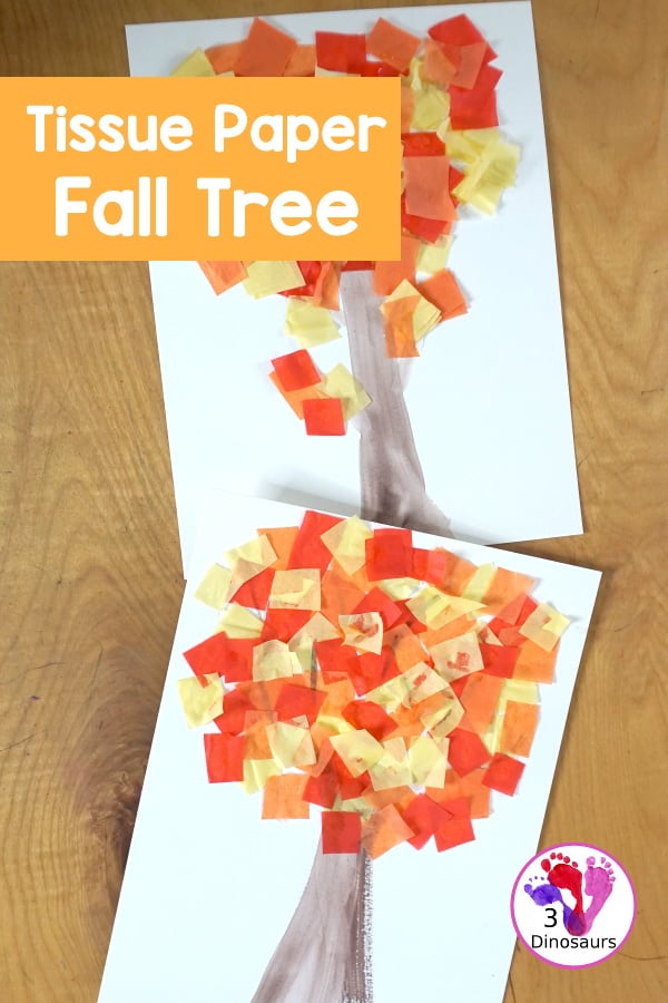 Tissue Paper Fall Tree Craft - a fun mixed art craft with a watercolor tree and then the fall leaves with tissue paper. A simple and easy fall craft to make with kids. - 3Dinosaurs.com