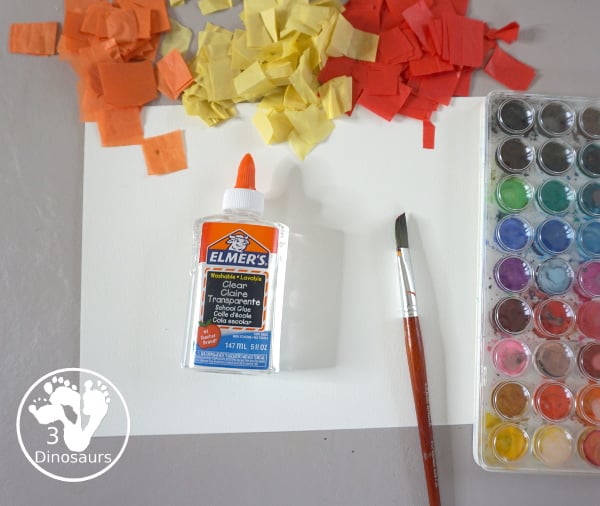 Tissue Paper Fall Tree Craft - a fun mixed art craft with a watercolor tree and then the fall leaves with tissue paper. A simple and easy fall craft to make with kids. - 3Dinosaurs.com
