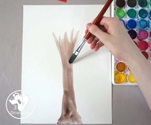 Tissue Paper Fall Tree Craft - a fun mixed art craft with a watercolor tree and then the fall leaves with tissue paper. A simple and easy fall craft to make with kids. - 3Dinosaurs.com