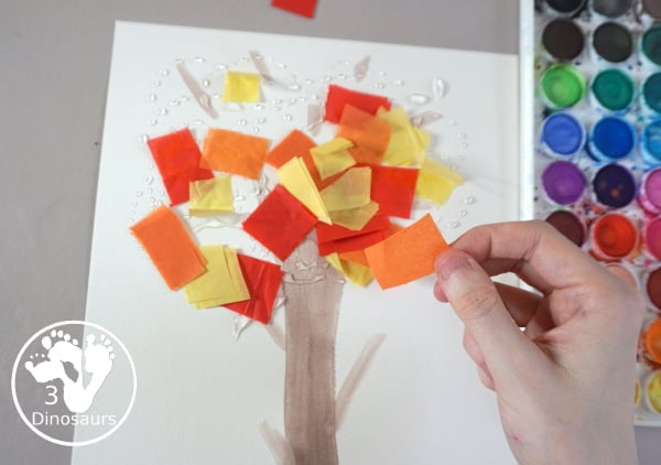 Tissue Paper Fall Tree Craft - a fun mixed art craft with a watercolor tree and then the fall leaves with tissue paper. A simple and easy fall craft to make with kids. - 3Dinosaurs.com