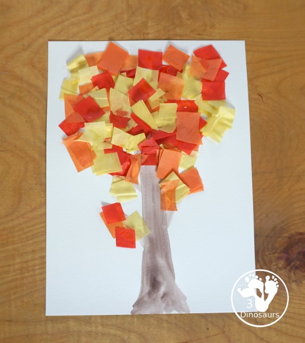 Tissue Paper Fall Tree Craft - a fun mixed art craft with a watercolor tree and then the fall leaves with tissue paper. A simple and easy fall craft to make with kids. - 3Dinosaurs.com