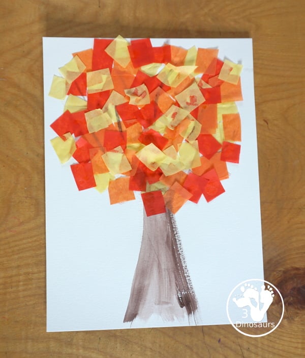 Tissue Paper Fall Tree Craft - a fun mixed art craft with a watercolor tree and then the fall leaves with tissue paper. A simple and easy fall craft to make with kids. - 3Dinosaurs.com