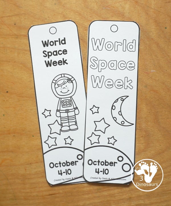Free World Space Week Bookmark Printables - types of bookmarks to use for World Space Week with kids. Fun idea to use during October 4th to October 10th. - 3Dinosaurs.com