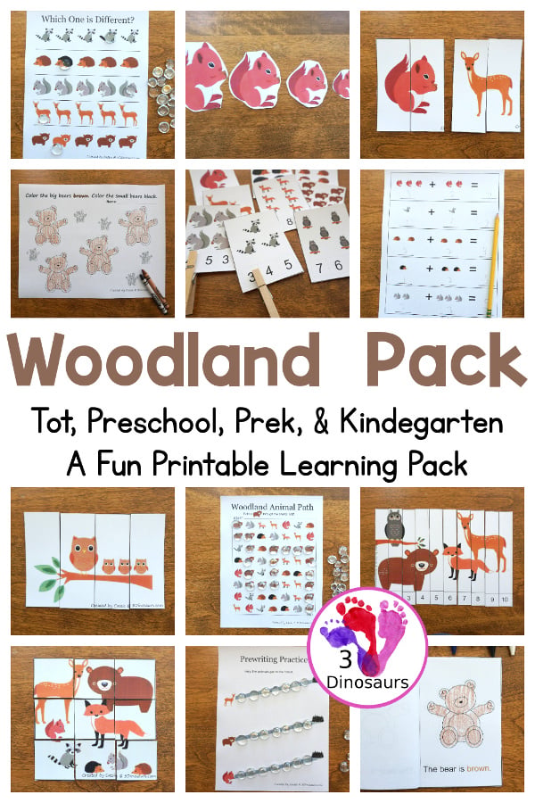 Free Woodland Pack Tot, Preschool, PreK & Kindergarten - a mix of hands-on activities and no-prep printables to explore animals from the woodlands or forest. These are fun activities to use with a mix of ages - 3Dinosaurs.com