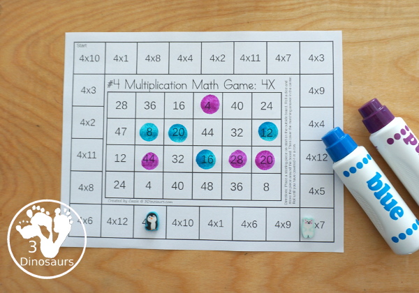 Multiplication Printable Game Boards | 3 Dinosaurs